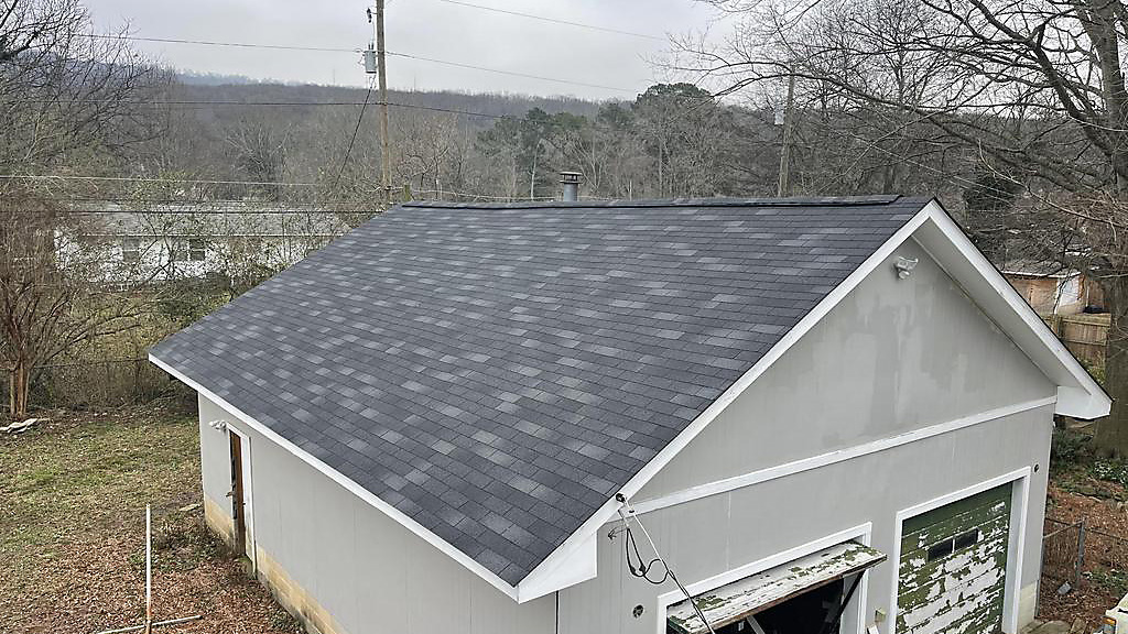 Garage Shingle Roof Replacement in Huntsville, Alabama.